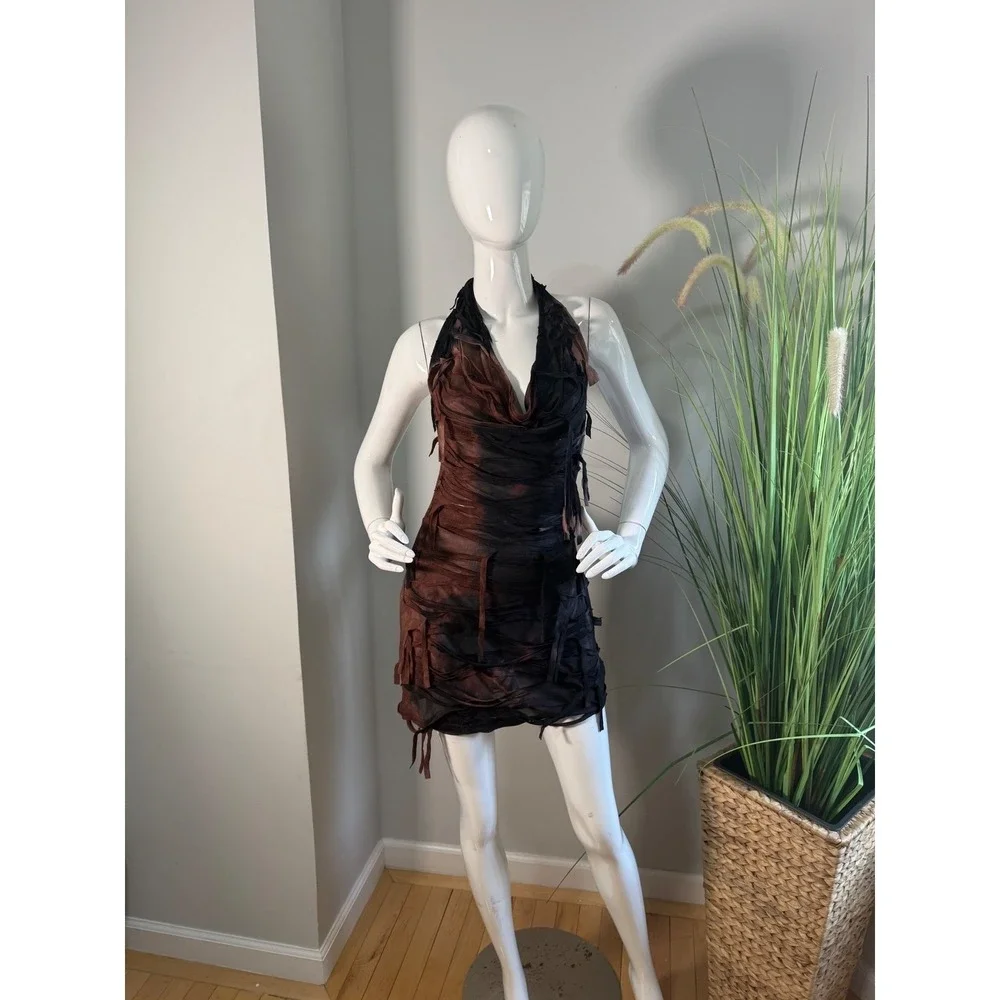 Micas Edgy Sheer Distressed Halter Mini Dress Backless Sexy Brown Black Mesh M‎